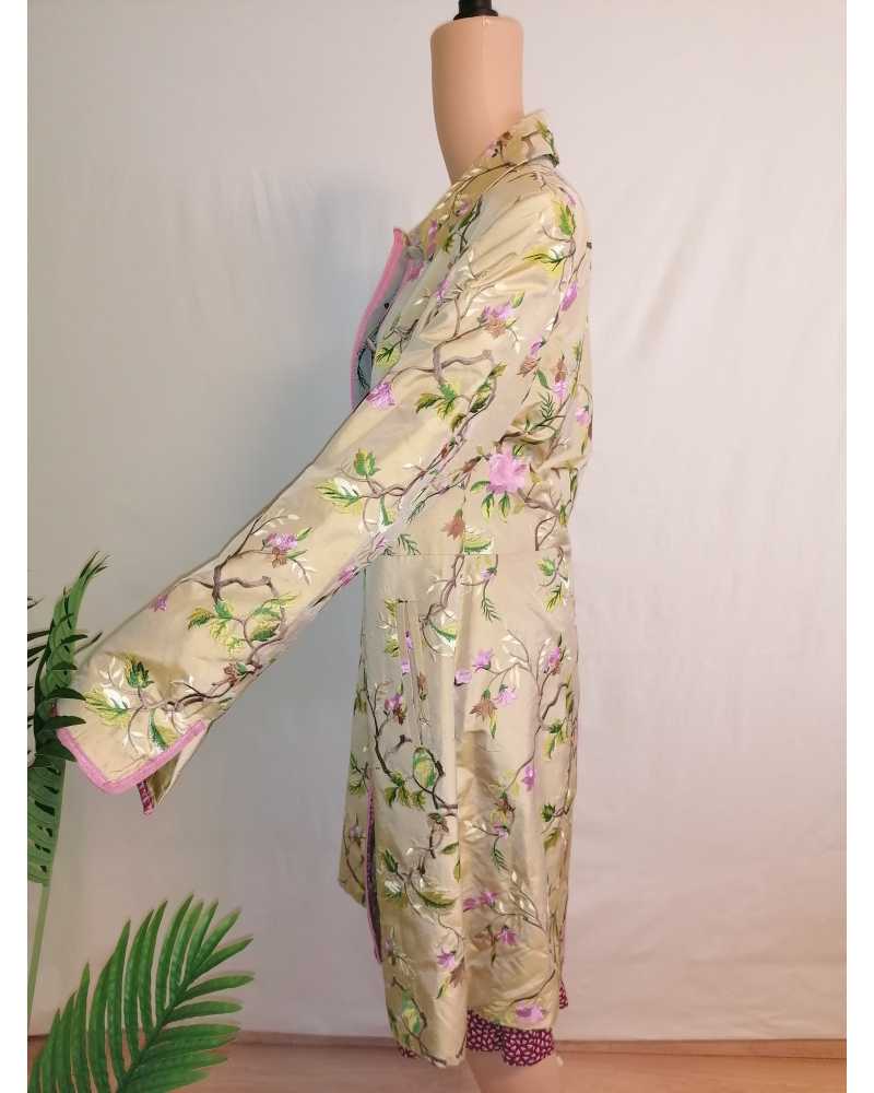 Chemisier En Soie Brodé Rose - Taille 38, Col Mao, Manches Courtes, Occasion Très Bon état