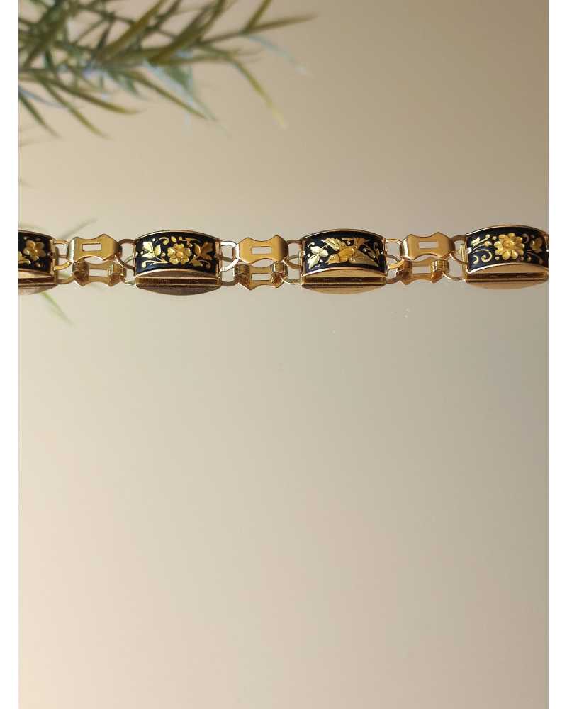 Bracelet Vintage Or De Tolède - Décor Fleurs Et Oiseaux, Longueur 20 Cm, Alliage, Années 1980